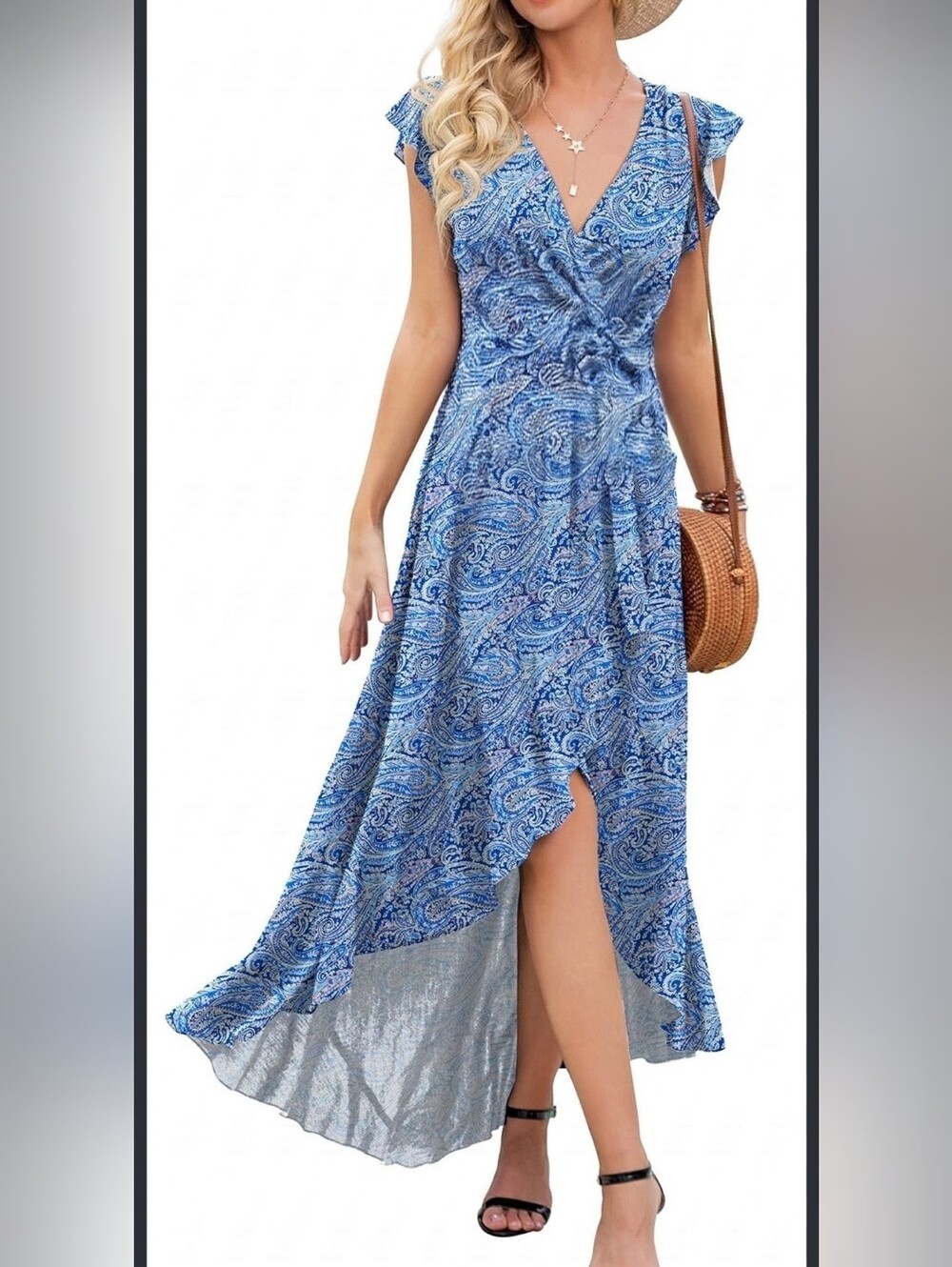 GC Blue Paisley High-Low Wrap Dress